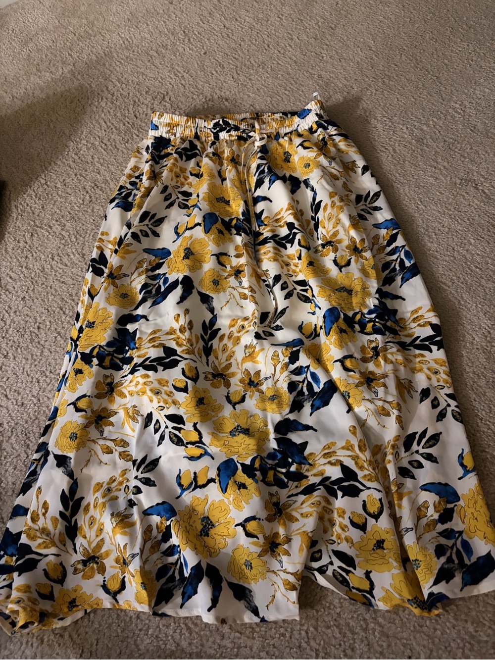 Yellow & Navy Floral Maxi Skirt with Elastic Waist